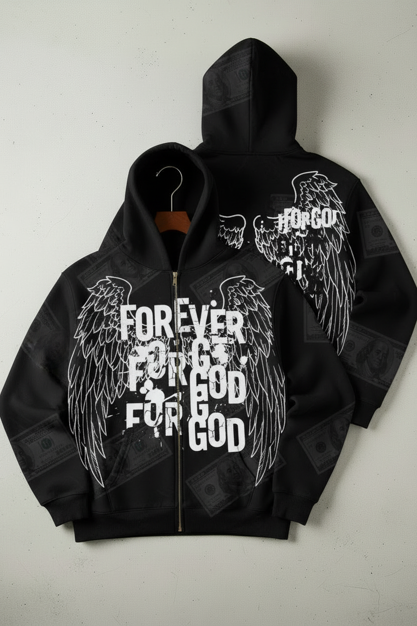 Forever For God Black Zip-Up Angel Wings Money