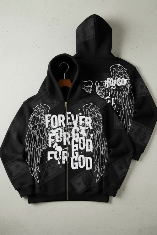 Forever For God Black Zip-Up Angel Wings Money